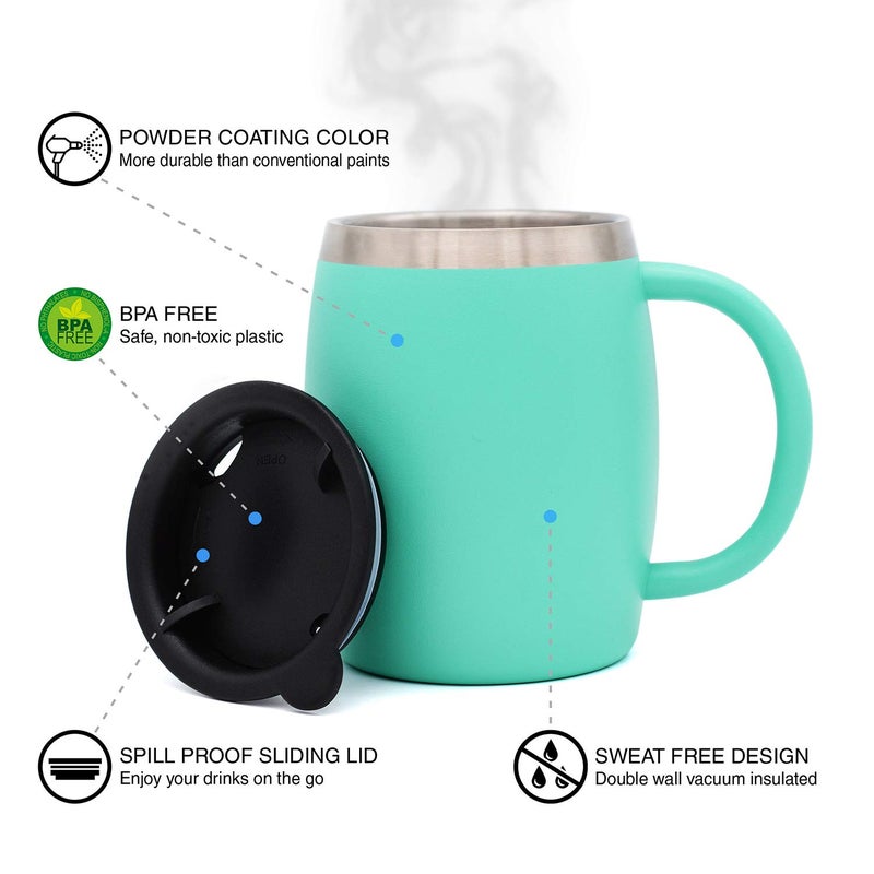 CHILLOUT LIFE Stainless Steel Insulated Coffee Mugs Set of 2 (14oz) Double Wall Coffee Cups With Spill Resistant Lid & Handle â€“ Shatterproof Cups for Cold & Hot Drinks for Indoor & Outdoor Use (Aqua Blue) - Image 2